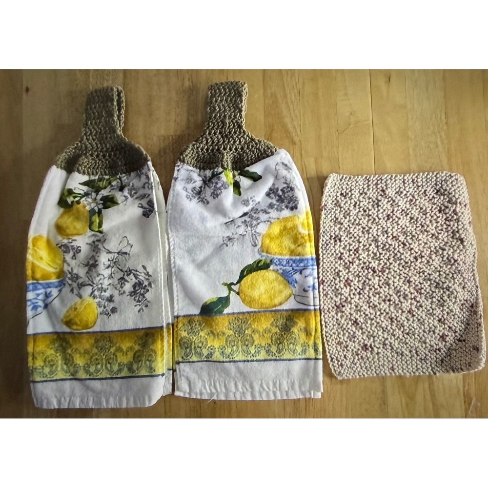Handmade Crochet Top Hanging‎ Kitchen Towels and Dishcloths Set Lemon Plaid 8pc